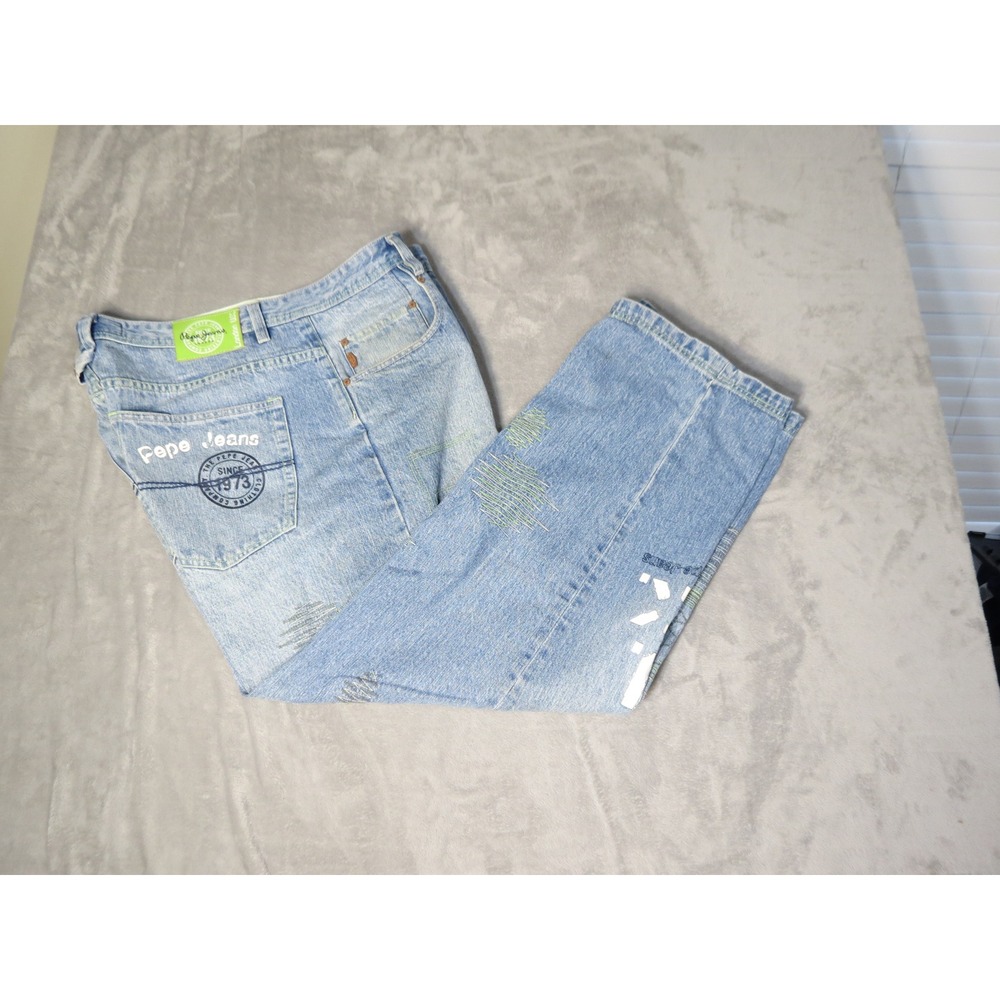 Pepe Jeans Jeans Mens 42 Light Blue Embroidered Graphic Relaxed Straight Leg